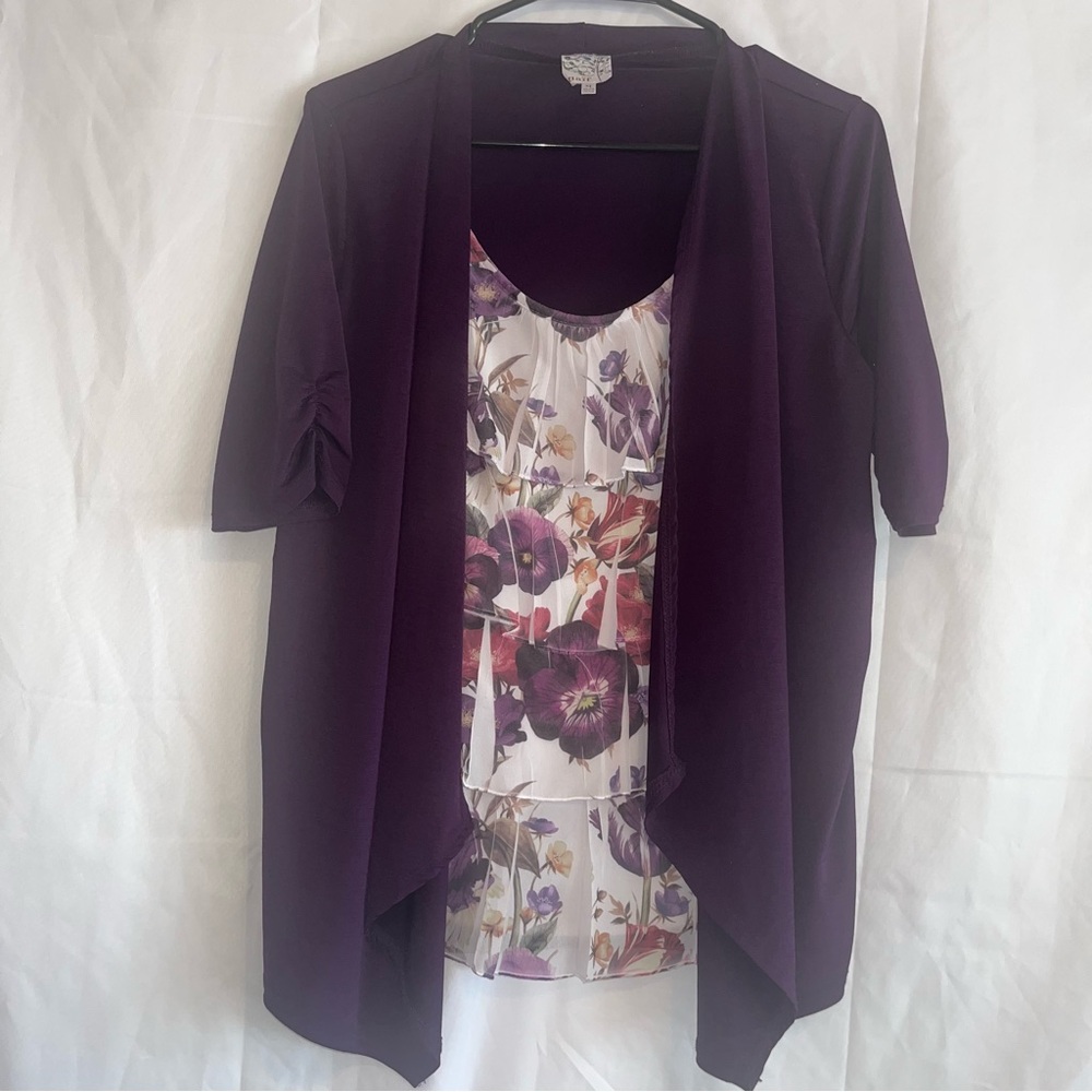 Naif Womens Dark Purple Open Front Short Sleeve Floral Layered Insert Top Size M